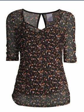 Black Floral Keyhole mesh Ruched 2 piece with black  cami Women's Top